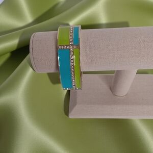 VINTAGE ENAMEL HINGED BANGLE BRACELET PLAID COLOR BLOCK DESIGN‎    GREEN & BLUE
